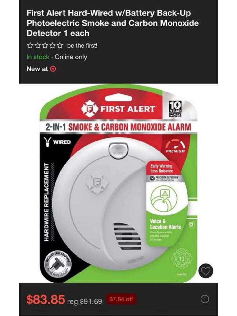 First Alert Hardwired 2-in-1 Smoke & Carbon Monoxide Alarm voice location alerts